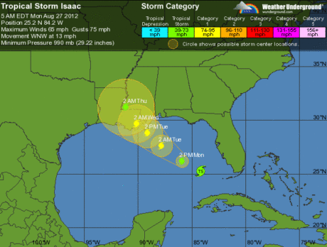 Aug. 27, 5 a.m. Tropical Storm Isaac map/timeline update
