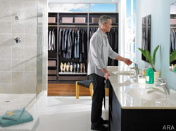 Rounded, organic shapes soften a bathroom’s style